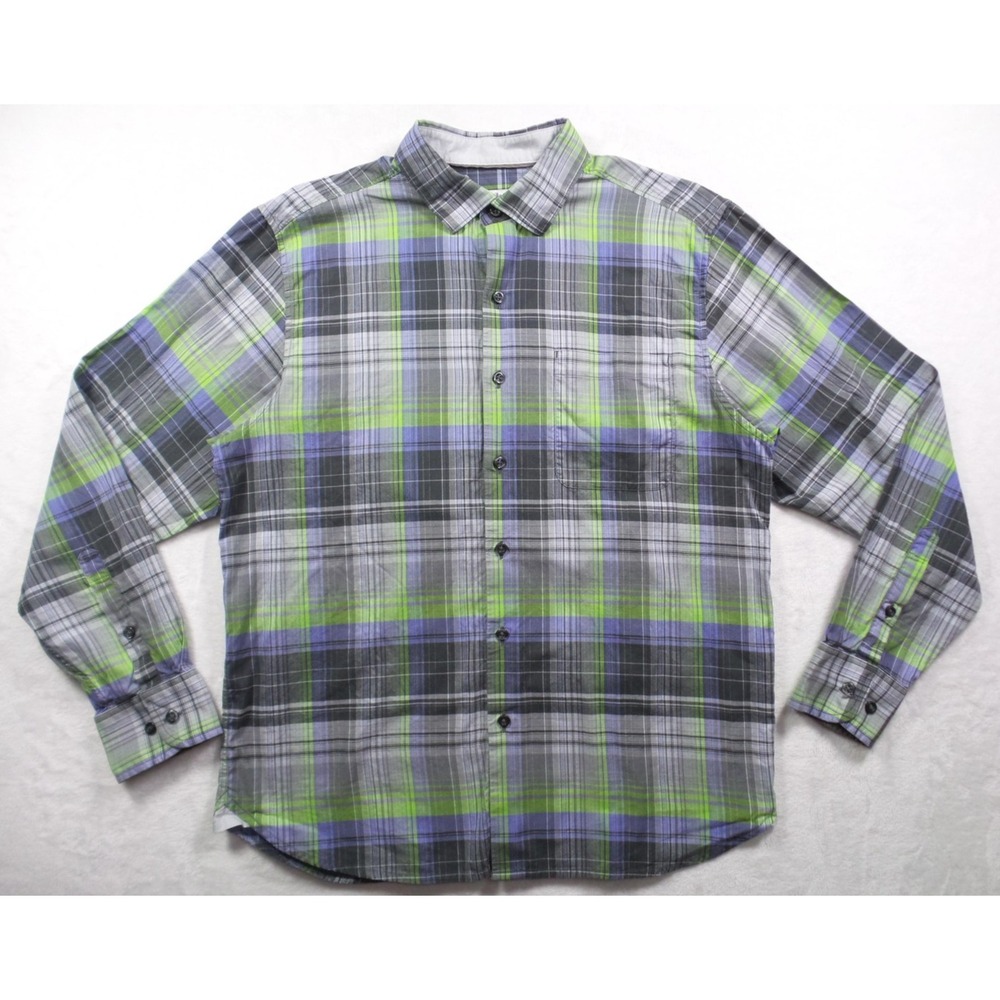 Tommy Bahama Shirt Mens Medium Green Gray Plaid Pima Cotton Button‎ Down Casual
